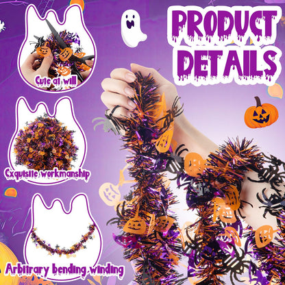 Suncalla 33ft Halloween Tinsel Garland Decor with Funny Pumpkin Black Spider Purple Bats Metallic Twist Garland Wire Hanging Decorations for Home Tree Fireplace Mantle Indoor Outdoor Party