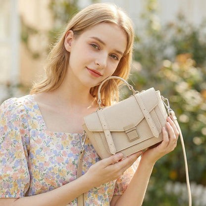ALEX&MIA Women's Small Top-Handle Handbag – Vegan Leather Mini Satchel Bag, Fashionable Crossbody and Shoulder Bag, Perfect for Daily and Work Use (Greige)