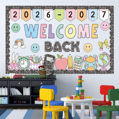 2026-2027 Welcome Back Bulletin Board Decorations Set with Borders Composition Notebook Smile Cutouts Decor for Teachers Back to School Bulletin Board for Class School Classroom Chalkboard Wall Decor