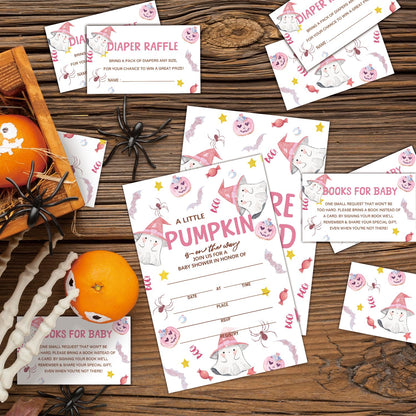 HQLOW Pink A Little Pumkin Halloween Boo! 25 Baby Shower Invitations with Envelopes Diaper Raffle Cards Book Cards for Baby Announcement, Gender Reveal, Party Invitations-09