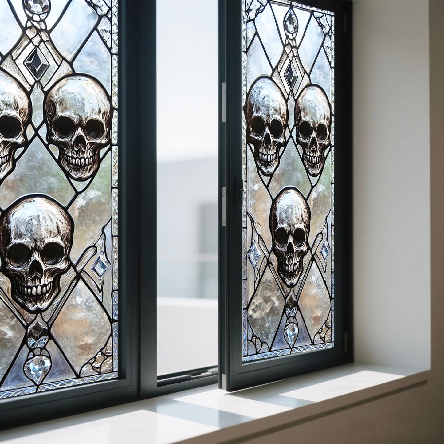 IVN Privacy Window Film Decorative Stained Glass Skull Design, Gothic Static Cling Window Film for Living Room Bedroom Door Panel 17.7 x 39.3 Inch