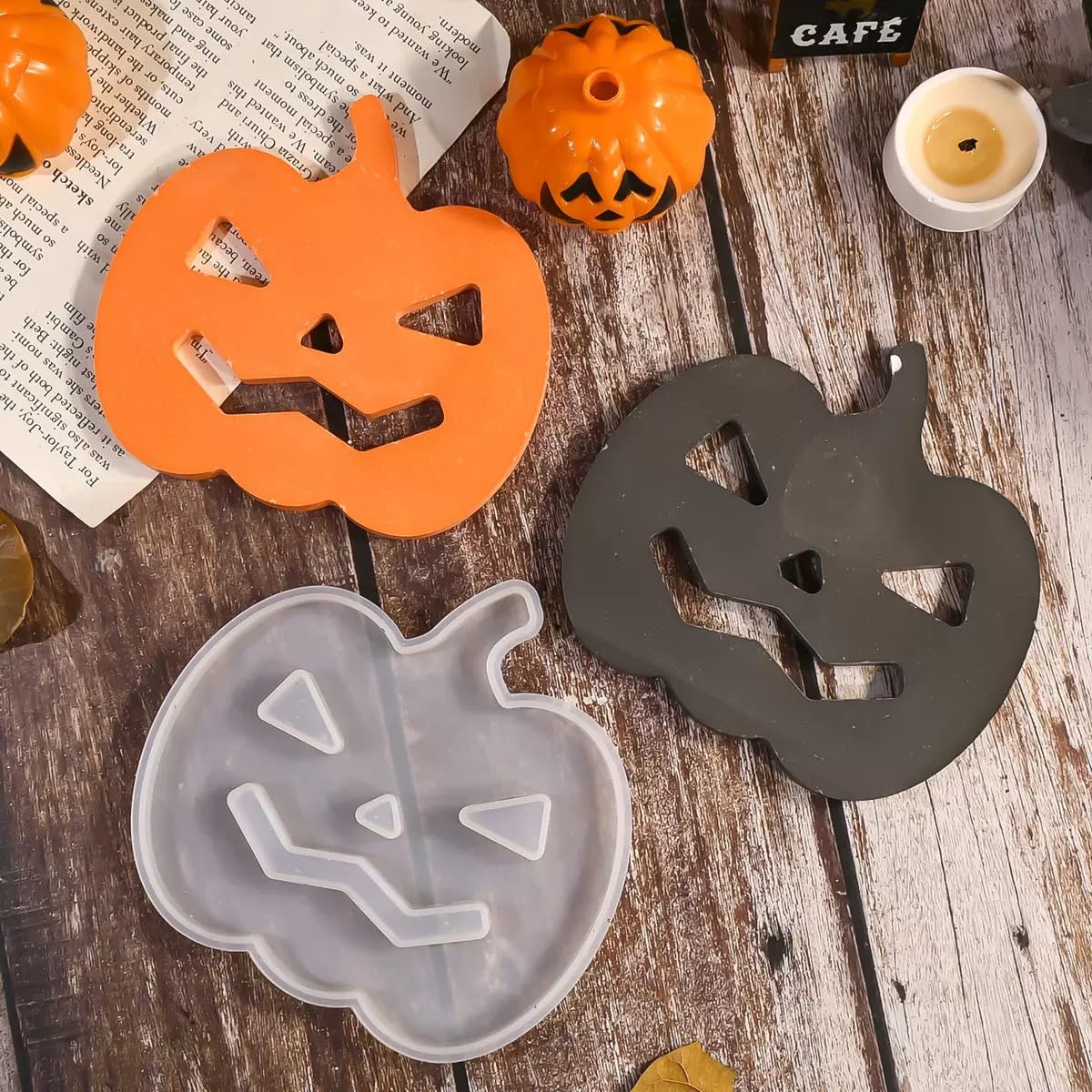 6 Pcs Pumpkin Epoxy Coaster Resin Molds Silicone with Holder, Halloween Pumpkin Coaster Molds Holder Set for Epoxy Resin, DIY Art Craft Cup Mats