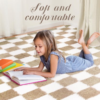 Super Soft Rug for Bedroom, 3x5 Ft Beige and White Area Rug Classic Checkered Shaggy Anti-Skid High Pile Soft Fluffy Rug Fuzzy Carpet for Living Room Bedroom Kids Room Nursery, Dorm Home Decor