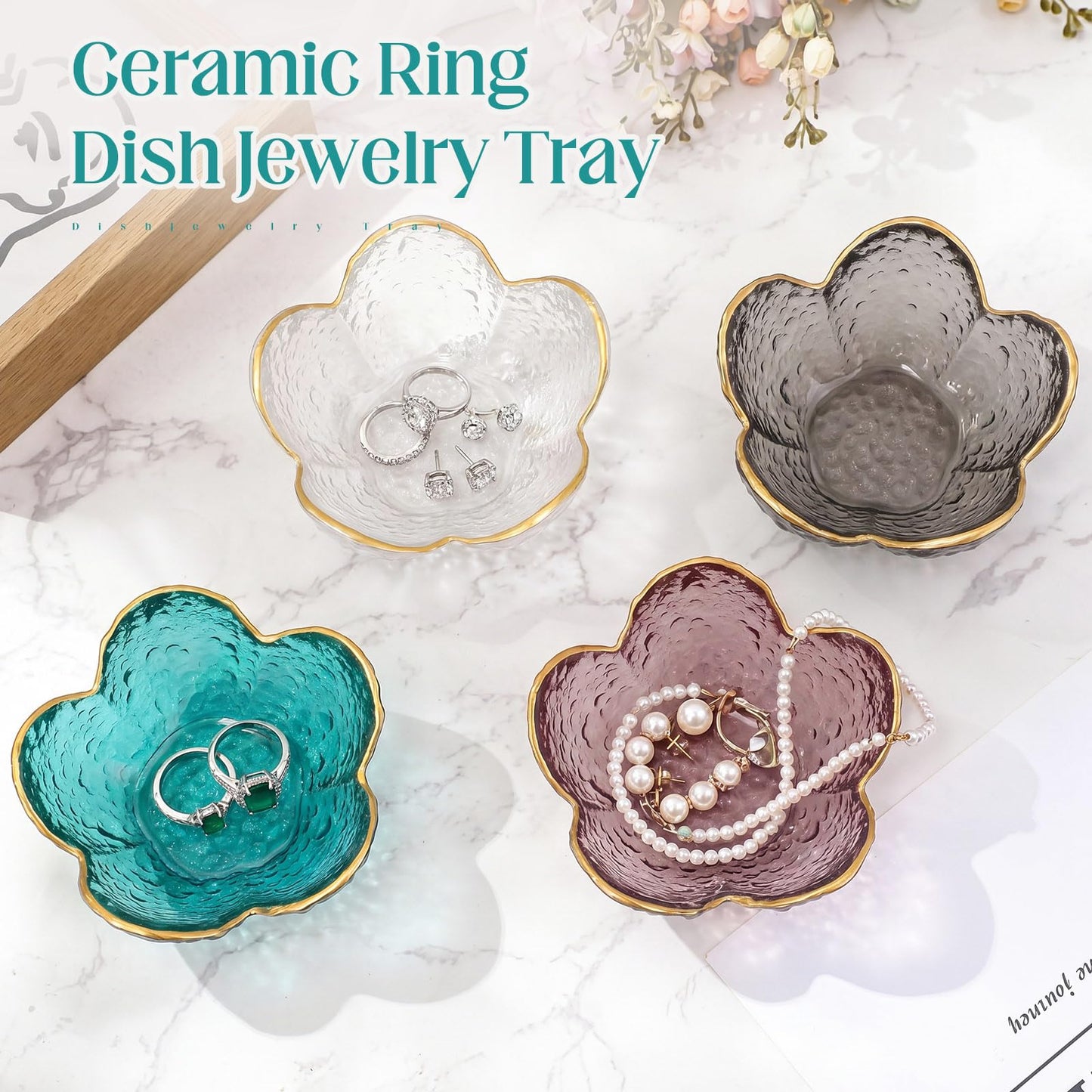 LOYIM 4 Pack Glass Jewelry Dish Small Flower Ring Holder Trinket Tray for Earrings Key Vanity Decor for Women Wedding Gift