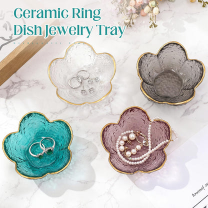 LOYIM 4 Pack Glass Jewelry Dish Small Flower Ring Holder Trinket Tray for Earrings Key Vanity Decor for Women Wedding Gift