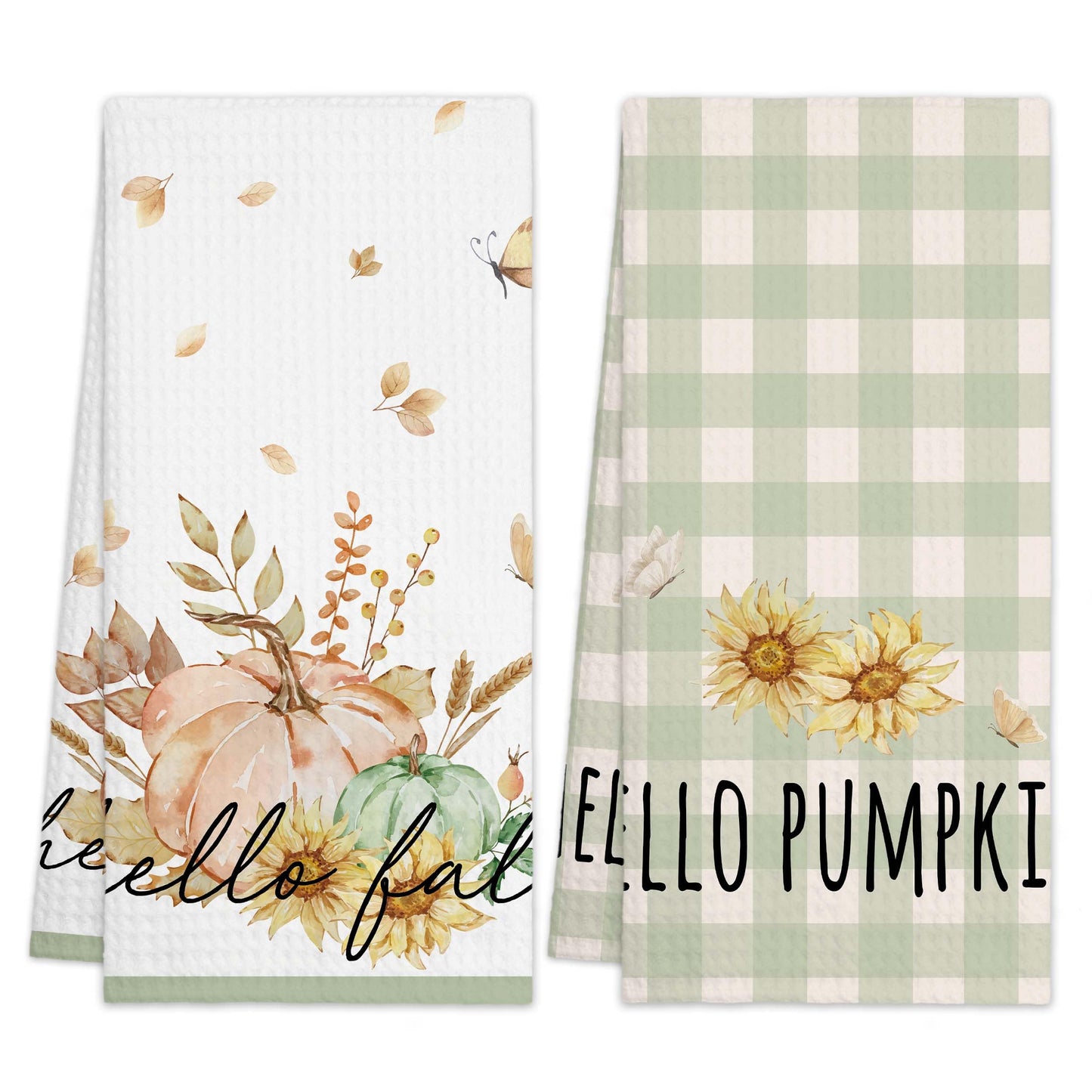 RPLCSPC Hello Fall Decorative Kitchen Towel Gift, Pumpkin Floral Dish Towels, Birthday Housewarming Gift Ideas for Family Friends, Farmhouse Home Fall Seasonal Decoration(Set of 2)-C13