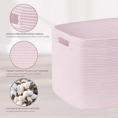 60L Small Baby Girls Laundry Basket for Nursery Storage,Cute Woven cotton Rope Baskets for Kids Toy，Gifts, Boho Square Wicker Blanket hamper for Living Room,Bedroom Dirty Clothes,Pink