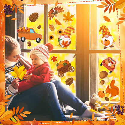 Motipuns 2 Sheet 64 Pcs Thanksgiving Gel Window Clings Fall Thick Gel Cling Removable Reusable Autumn Harvest Window Sticker Pumpkin Maple Leaves Gnome Decal for Glass Classroom Fall Party Decor