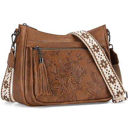 FORUWISH Crossbody Bags for Women, Brown Vegan Leather Medium Crossbody Purse, Spacious Daily Travel Shoulder Bag with Boho Strap