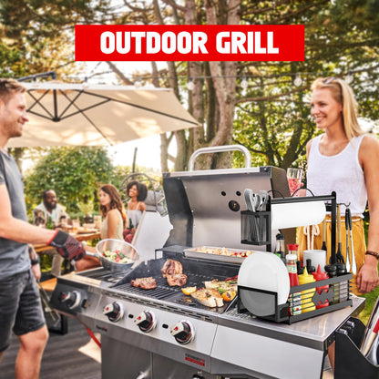 Grill Caddy for Outdoor Grill, BBQ Caddy with Camping Paper Towel Holder and Plate Holder, Picnic Utensil Condiment Kitchen Organizer for Camper, RV Patio Tailgate Essentials, Grilling Gifts for Men