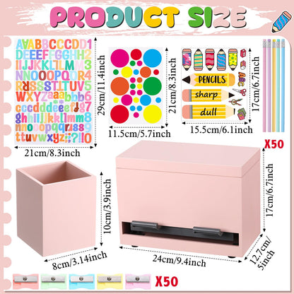 Watersay 108 Pcs Pencil Dispenser Kit for Classroom Wooden Sharp and Dull Pencil Holder 50 Pencils 50 Sharpener 6 Sticker Classroom Teacher Must Have Straw Dispenser for Back to School(Light Pink)