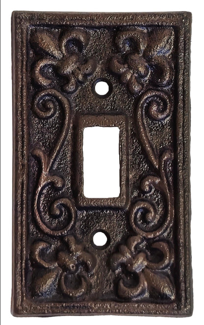 Lulu Decor, Fleur De Lis Cast Iron Switch Plate in antique rustic brown finish, perfect for any room or office space.