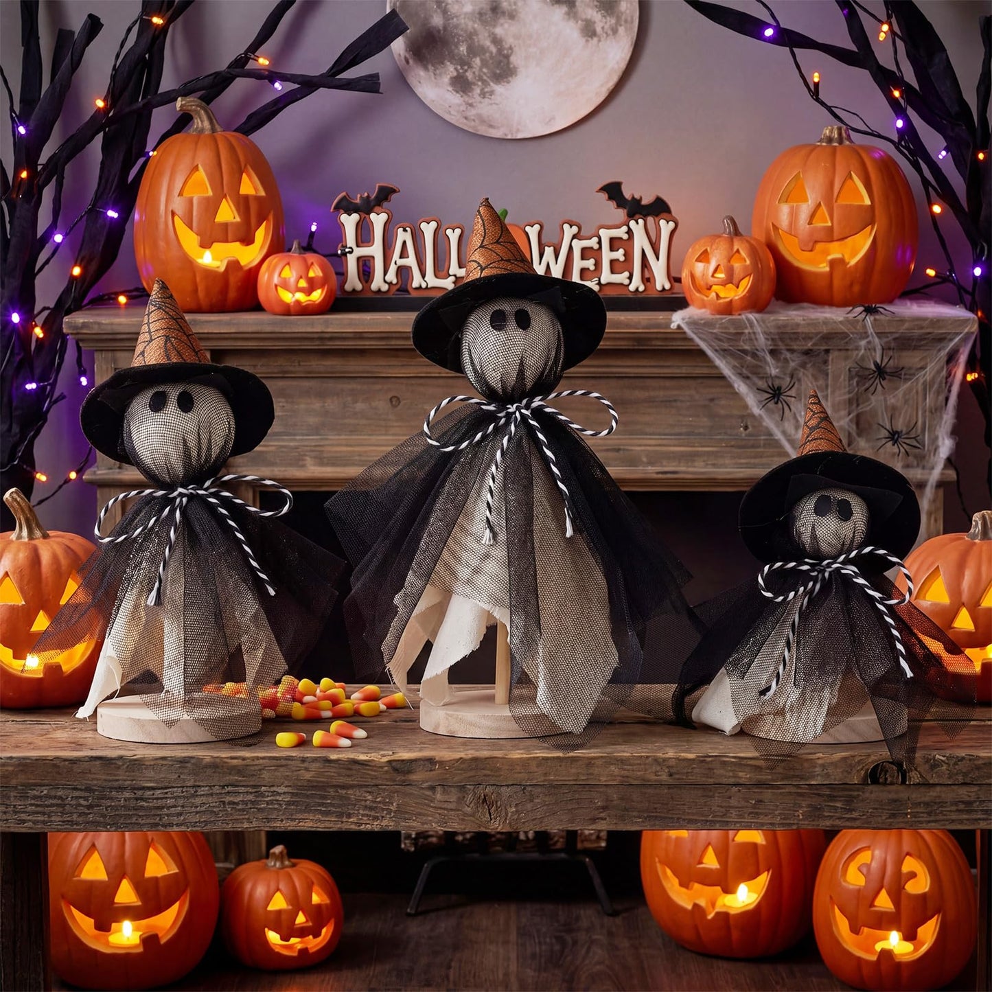 Redbaker 3 Pcs Halloween Decorations Indoor Primitive Halloween Ghost with Witch Hat on Wood Stand Spooky Ghost Tiered Tray Decor Rustic Table Centerpiece for Home Office Mantel Shelf (Black, Gothic)