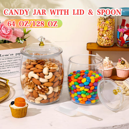 mwellewm 128 OZ Candy Jar with Lids Large Plastic Cookie Jar with Spoons Clear Apothecary Container Decorative Kitchen Airtight Snack Storage Organization for Wedding Home Kitchen Bar Decoration