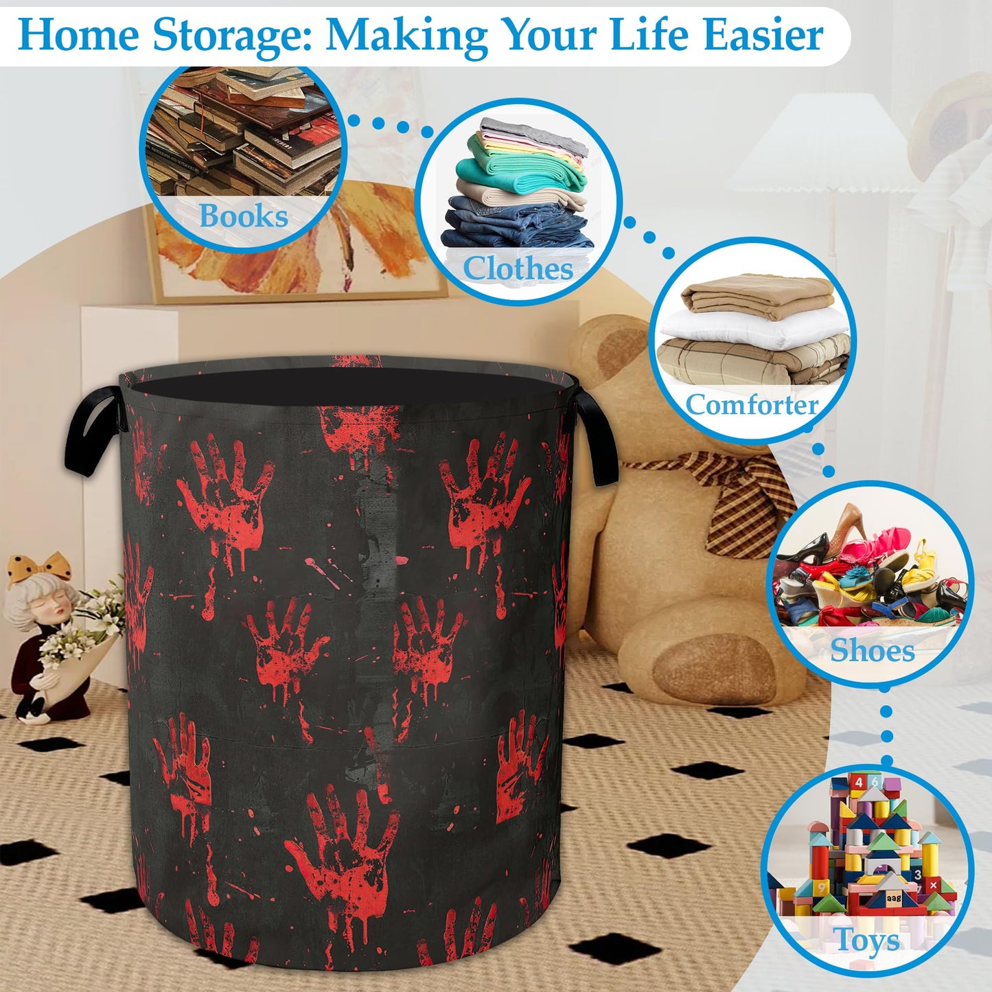 Halloween Blood Spatter Hand Laundry Basket Collapsible Laundry Hamper, Oxford Cloth Storage Bin for Room/Bathroom/Bedroom/Dormitories 16" X 20.8"