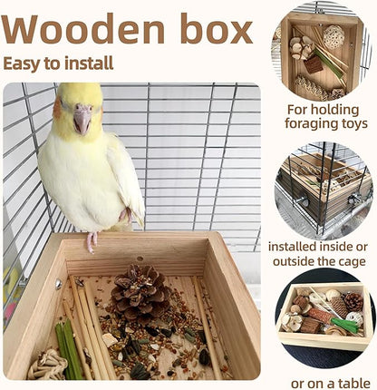 Wooden Foraging Box for Cage with 30PCS Natural Foraging & Chew Parrot Toy for Parakeets, Cockatiels, Conures & Lovebirds and Other Small to Medium Birds
