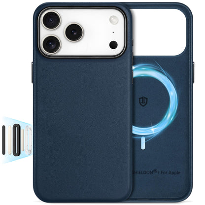 SHIELDON Genuine Leather Case for iPhone 17 Pro Max 6.9" 2025, [Camera Button Updated], Compatible with Magsafe, Magnetic Wireless Charging, Slim Fit, Non-Slip, Anti-Scratch, Shockproof - Navy Blue