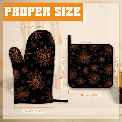 Halloween Oven Mitts and Pot Holders Set,Spider Web Kitchen Decor Heat Resistant Non Slip Hot Pads and Oven Mitt for Chef Cooking Baking BBQ Mom Girl Gifts(4 Piece Set)