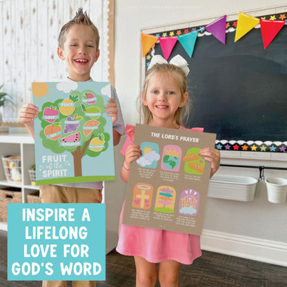 Hadley Designs Sunday School Decorations for Classroom –9 Bible Posters for Kids, Books of the Bible, 10 Commandments, Bible Timeline Chart, Fruits of the Spirit, Kraft Christian Classroom Decor