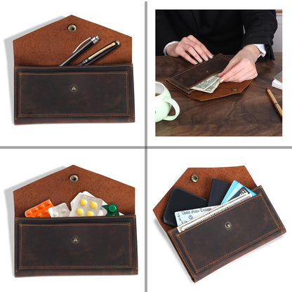 TheAntiq Brown Leather Cash Envelopes for Money - Small Money Pouch With Mobile Holder, Handmade Leather Wallets Currency Holder - Money Organizer for Cash Money Bag for Travel Wallets for Women