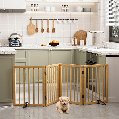 Semiocthome Solid Bamboo Dog Gate with 2 Stands, Freestanding Pet Gates for Doorways and Stairs, 24" Height-4 Panels Puppy Gate for The House, Fully Assembled Indoor Gate Safety Fencee - Natural