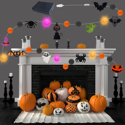 Halloween Decorations Battery USB 10.8Ft Halloween Strip Lights Banner Garland Décor with Felt Bats Ghost Witch Hat Pumpkins Spider Fuzzball Décor for Party Indoor Home Room Wall Fireplace WindowDoor