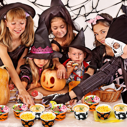 Whaline 60Pcs Halloween Treat Snack Cups Grimace Pumpkin Ghost Bat Pattern Disposable Paper Bowls 9oz Orange Black Paper Cups Dessert Ice Cream Bowls for Halloween Movie Party Favor Supplies, 3 Style