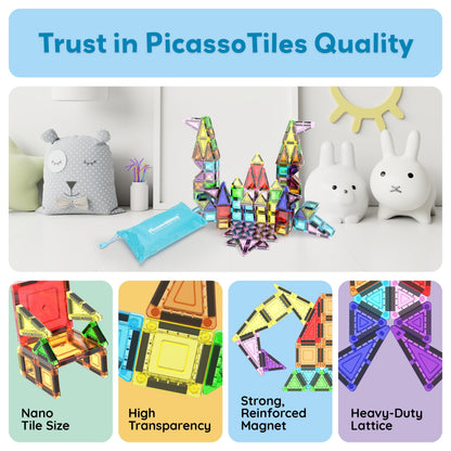 PicassoTiles 65pc Nano Magnetic Tile Travel Size Mini Portable Toy Construction Building Blocks Playset with Storage Bag Pouch STEM Montessori Classroom Magnet Tiles Stacking Toys for Kids Age 3+ PN03