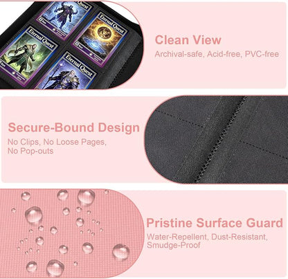 BYSTER 4 Pocket Card Binder, Premium PU Trading Card Binder with Zipper, 160 Capacity Side-Loading Binder for TCG, MTG, Sports Cards, Game Cards, Pink