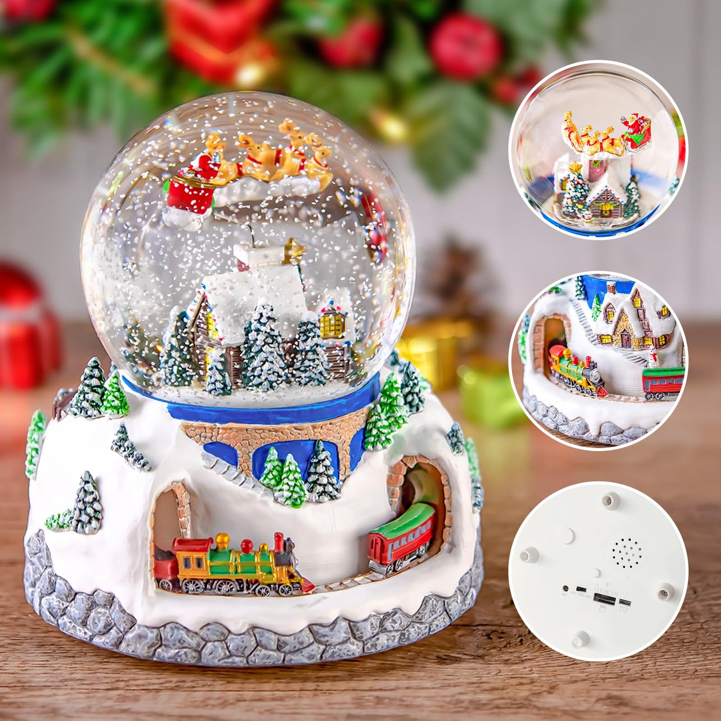Musical Rotating Santa Claus Flying Over Village,Automatic Snowfall,Train, Christmas Snow Globe Music Box Gifts, for Women Wife Mom Girlfriend Daughter, Xmas Present,Plays 48 Classic Christmas Carols