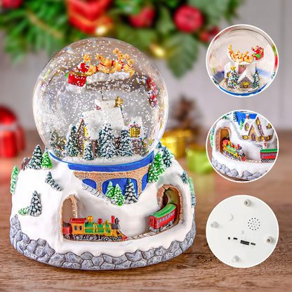 Musical Rotating Santa Claus Flying Over Village,Automatic Snowfall,Train, Christmas Snow Globe Music Box Gifts, for Women Wife Mom Girlfriend Daughter, Xmas Present,Plays 48 Classic Christmas Carols