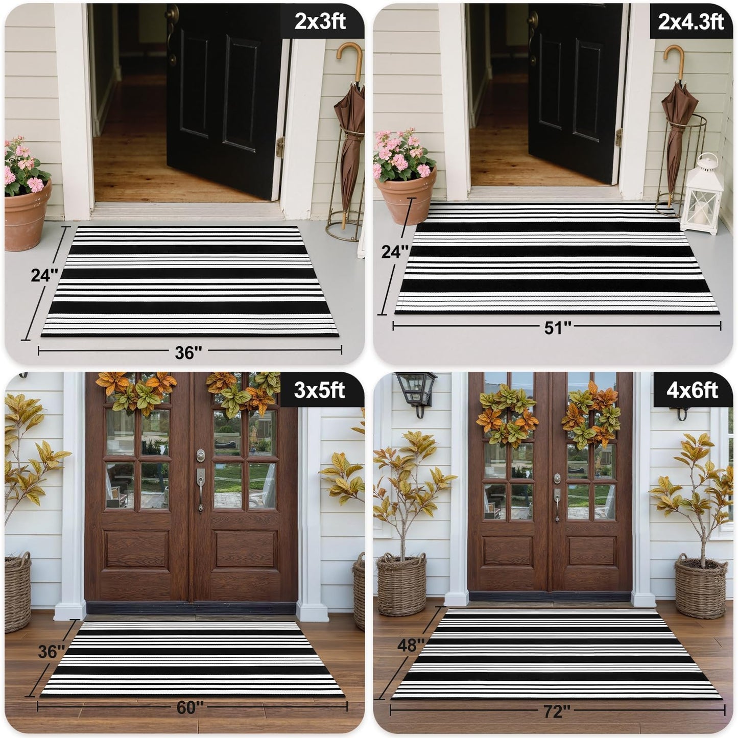 OJIA Black & White Outdoor Rug 3x5 Cotton Hand-Woven Striped Porch Rugs Machine Washable Entryway Rug Indoor Outdoor Area Rug Front Door Rug Floor Mat for Farmhouse/Living Room/Home Entrance