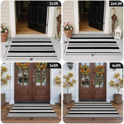 OJIA Black & White Outdoor Rug 3x5 Cotton Hand-Woven Striped Porch Rugs Machine Washable Entryway Rug Indoor Outdoor Area Rug Front Door Rug Floor Mat for Farmhouse/Living Room/Home Entrance