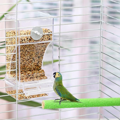 Novabright 7 Pcs No Mess Bird Feeder Water Dispenser Set Include Automatic Parakeet Feeder and Drinker with Bird Paw Grinding Stick Cage Accessories for Small Medium Cockatiel Lovebird(Classic,Clear)