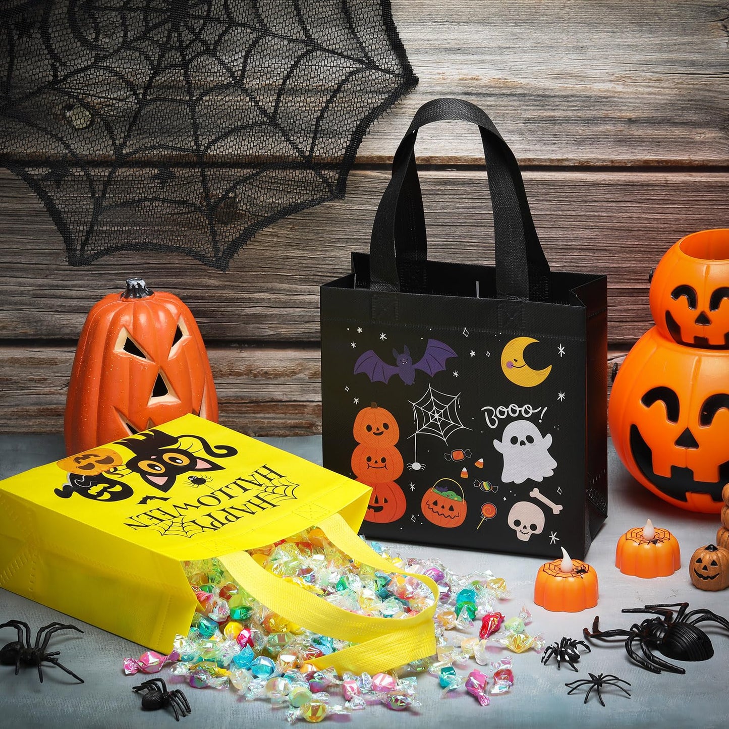 Sweetude 50 Pcs Halloween Bags Halloween Tote with Handles Non Woven Bags for Gifts Wrapping Party Supply, 7.9x7.9x3.15''(Creepy)