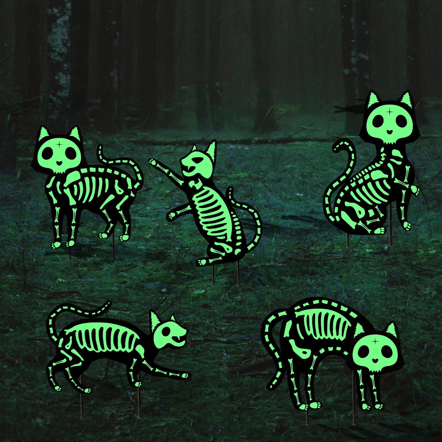 Outdoor Halloween Decorations Yard Signs - 5pcs Glow in The Dark Skeleton Black Cat Silhouette Lawn Signs with Stakes for Halloween Lawn Garden Front Yard Decorations Outside