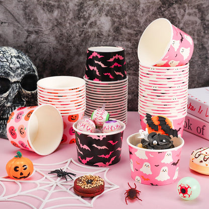 Whaline 60 Pcs Halloween Snack Cups Pink Black Pumpkin Ghost Bats Disposable Bowls 9oz Ice Cream Dessert Treat Paper Bowls for Hot Iced Food Birthday Trick or Treat Party Supplies