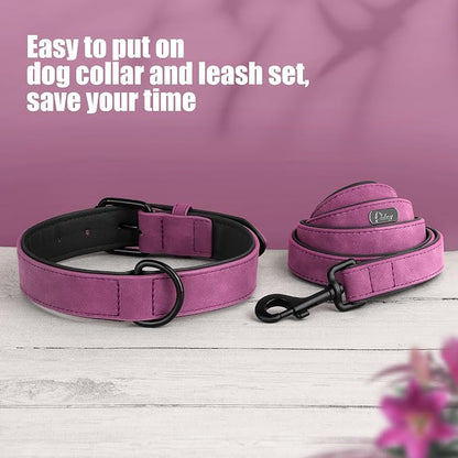Didog Soft Padded Leather Dog Collar and Leash Set, Heavy Duty Dog Leash and Collar Set with Metal Buckle, Breathable Dog Collars with 4FT Leather Dog Leash for Small Medium Large Dogs, Purple, L