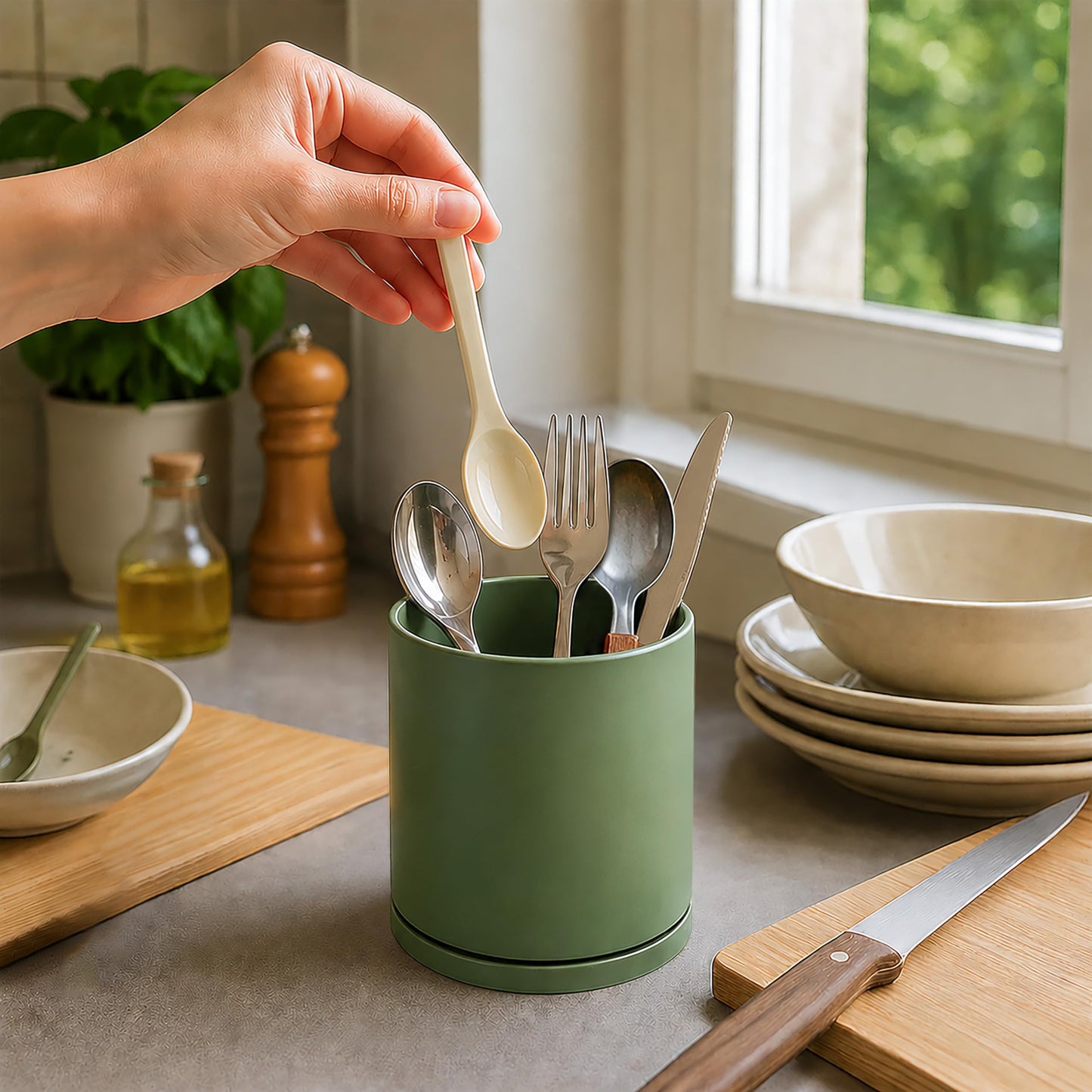 D'vine Dev 360° Rotating Utensil Holder – 5" Kitchen Utensil Crock for Countertop, Modern Cooking Tool Organizer for Kitchen Storage & Décor, Olive, 72-X-C-1
