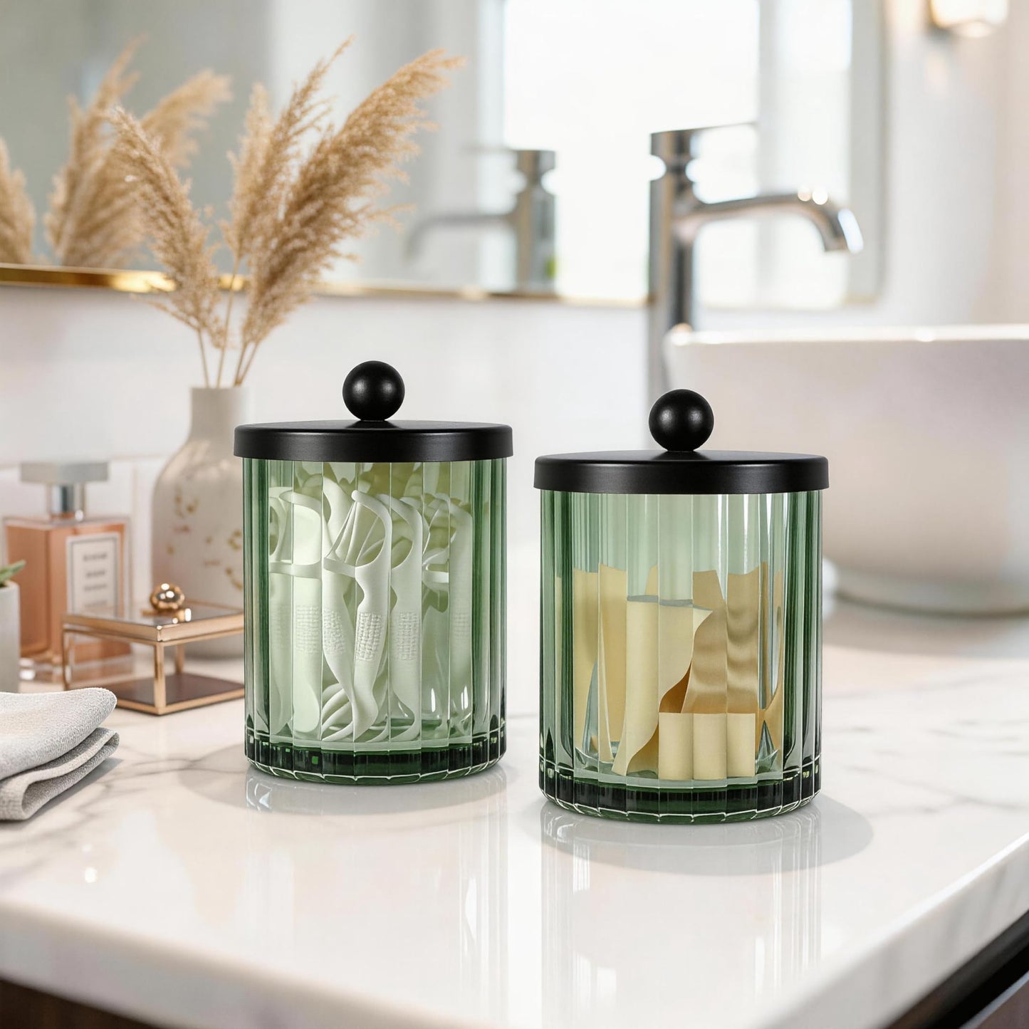 Amolliar Sage Green Glass Apothecary Jar, Qtip Holder Dispenser for Cotton Swabs, Balls, Makeup Pads, Floss Picks, Bathroom Essential Accessories, Countertop Canister Storage Organizer (Black, 4 Pack)