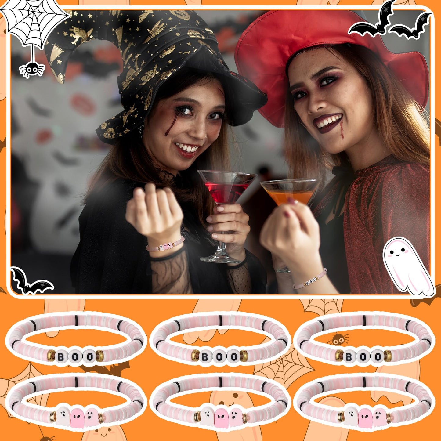 Huquary 48 Pcs Halloween Bracelet Set Party Favors Pink Ghost Boo Clay Bead Bracelets Cute Decorations Clay Ghost Signs for Halloween Gifts for Women Friend Boo Basket Stuffers Goodie Bag Stuffers