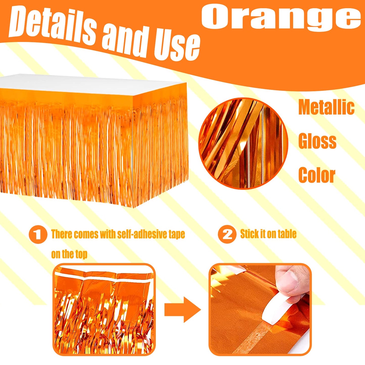 4 Pack 29x108 Inch Metallic Foil Fringe Tinsel Table Skirts for Rectangle Tables Streamer Curtains Backdrop for Wedding, Birthday, Parade Floats, Christmas, Halloween Party Decoration(Orange)