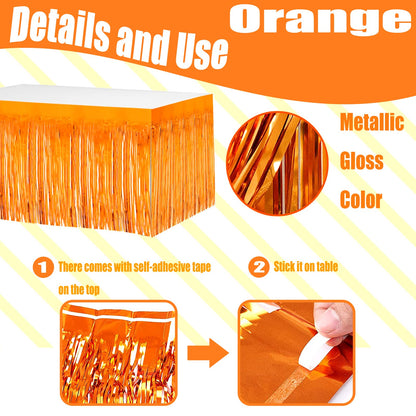 4 Pack 29x108 Inch Metallic Foil Fringe Tinsel Table Skirts for Rectangle Tables Streamer Curtains Backdrop for Wedding, Birthday, Parade Floats, Christmas, Halloween Party Decoration(Orange)
