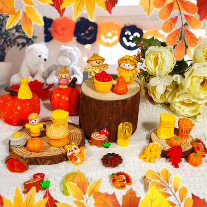 Bbiamsleep 30 Pcs Thanksgiving Mini Figurines Miniature Resin Fall Autumn Pumpkins Scarecrow Turkey for Autumn Home Table Tray Harvest Thanksgiving Decorations