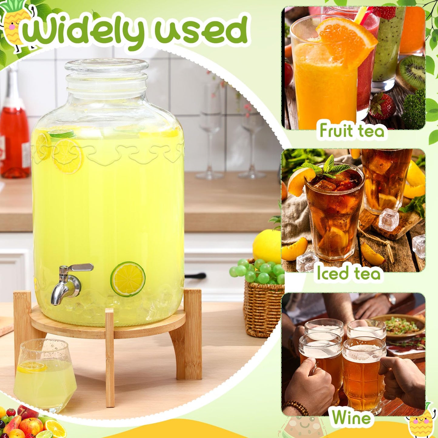 FillTouch 3 Gallon Drink Dispenser with Stand Glass Beverage Dispenser Drink Dispensers with Lid 18/8 Stainless Steel Spigot for Picnics, BBQ, Parties and Daily(Classic Style,Wood Stand)