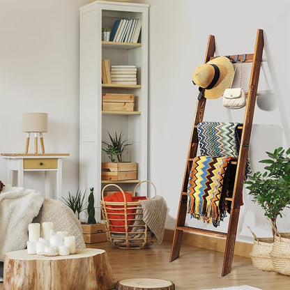 Decorative Wooden Blanket Ladder with Removable Hooks for The Living Room & Bedroom, Pine Wood, Easy Assembly 6-Tier Wall Leaning Rack Stand 68 inch for Displaying Blankets & Scarves, Brown