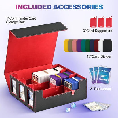UAONO Card Storage Box for Trading Cards, 1800+ Commander Deck Box for MTG with Display Window, Toploader Card Case fits Magic TCG PTCG Sports Cards; 10 Removable Divider, 3 Stoppers (Black, Red)