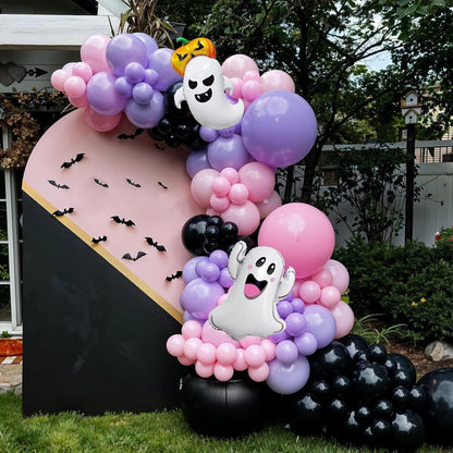 Halloween Balloon Arch Garland Kit,Black Pink Purple Ghost Foil Pumpkin Ghost Balloons for Family Halloween Party Background Classroom Decorations Cosplay Theme Party