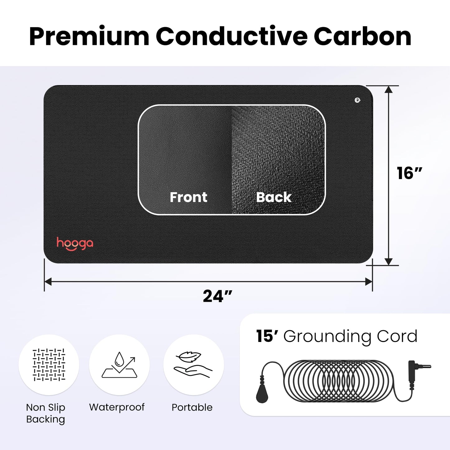 Hooga Grounding Mat for Sleep, Energy & Pain Relief – 24" x 16" Conductive Carbon Pad with 15ft Grounding Cord – Indoor Earth Connection for Inflammation & Recovery