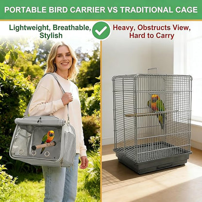 Small Bird Carrier Travel Cage, Portable Bird Cages Bag with Standing Perches for Parrots, Breathable Birds Backpack with Transparent Window for Parakeet Cockatiel Budgies, Grey